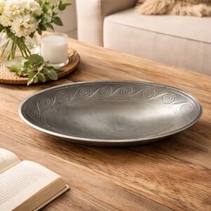 Vintage Pewter Oval Bowl Embossed Scroll Serving Dish 12" Rustic Farmhouse Decor